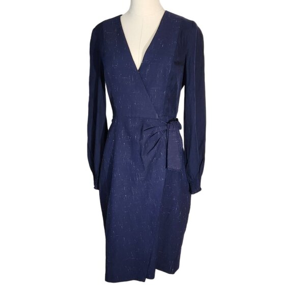 Rebecca Taylor Cross Hatch Wool Blend Wrap Dress Navy Womens Size 6 - Picture 6 of 16